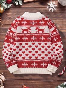 Teen Boys Christmas Reindeer & Snowflake Pattern Sweater, Autumn/Winter Red & White Jacquard Knit Crew Neck Pullover - Red - View 2