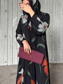Hafizah New Women Printed Cardigan Jacket, Fashionable Abaya Robe With Headscarf Black Spring Fall - Black - View 4