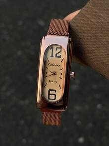 1PC Women Art Deco Quartz Watch With Antique Bronze Mesh Strap Rectangular Case And Champagne Dial With Bold Numerals For Work And Outings - Bronze - View 1