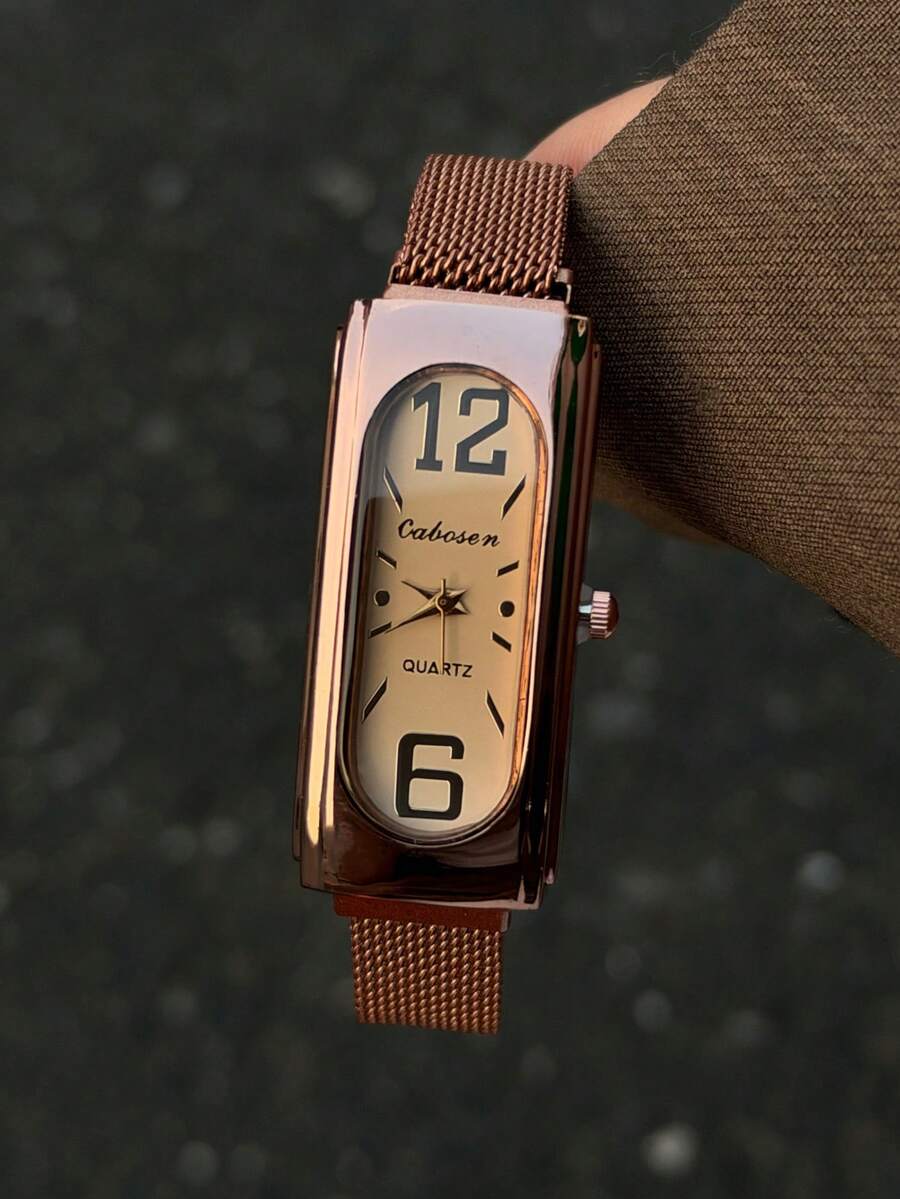 1PC Women Art Deco Quartz Watch With Antique Bronze Mesh Strap Rectangular Case And Champagne Dial With Bold Numerals For Work And Outings - Bronze - View 1