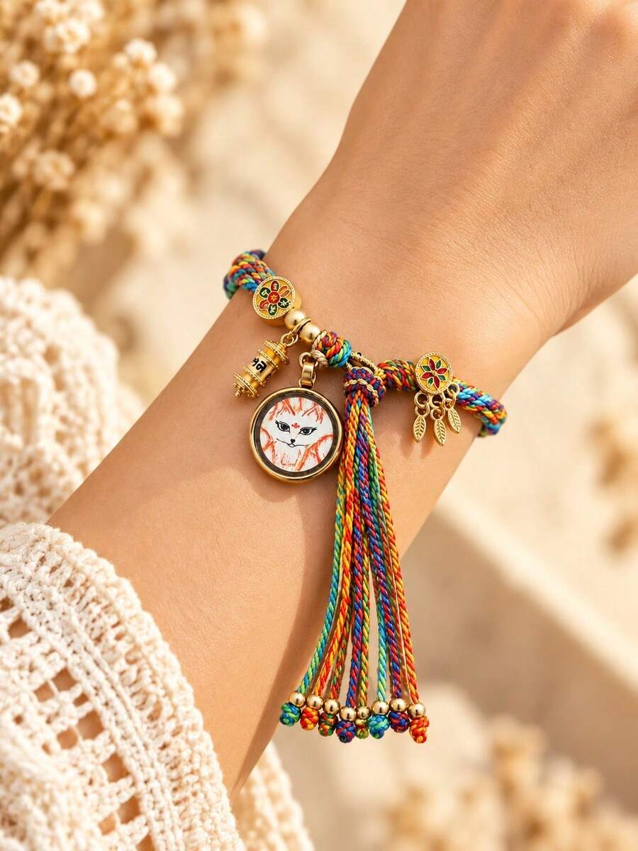 1pc Colorful Handmade Woven Rope Bracelet With Mysterious Pendant, Bohemian Style Women's Jewelry Gift, Unique Women's Gift, Suitable For Couples - Pendant Bracelet 2 - View 1