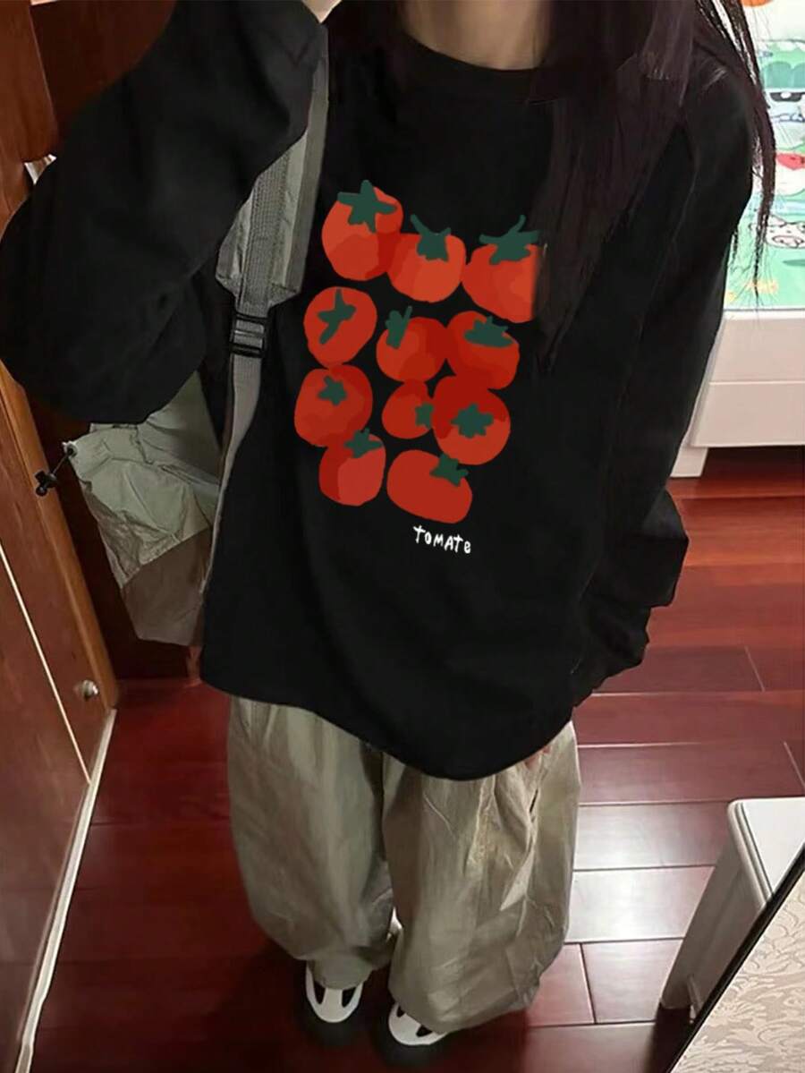 Women's Fashion Autumn/Winter Loose Minimalist Versatile Letter & Tomato Print Long Sleeve T-Shirt - Black - View 1