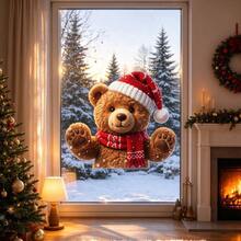 1pc Cute Fluffy Teddy Bear Waving Window Sticker, Christmas Static Cling Window Decal, Double-Sided Visible, No Residue, Suitable For Bedroom, Living Room, Cafe, Holiday Window Decoration 2D Flat - one-size - View 4