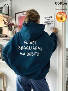 Women's Fall/Winter Fleece Hoodie With Italian Text Graphic On Back, Y2K Style - Cow Blue - View 11