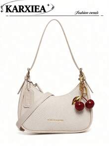 New Fashion Versatile Letter Pattern Decor Design Solid Color PU Fabric Shoulder Bag Moon Bag, Suitable For Shopping, Y2K Shoulder Underarm Bag, Hot Girl Bag - Beige - View 8