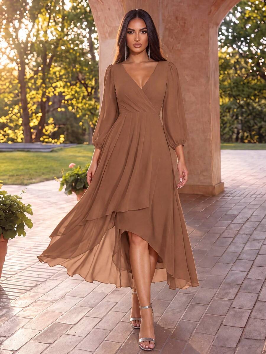 Fall Wedding Guest Dresses Elegant V-Neck Long Sleeve Bridesmaid Dress Asymmetric Skirt Hem For Vacation Beach Wedding Party Semi Formal Midi Dress - Coffee - View 1