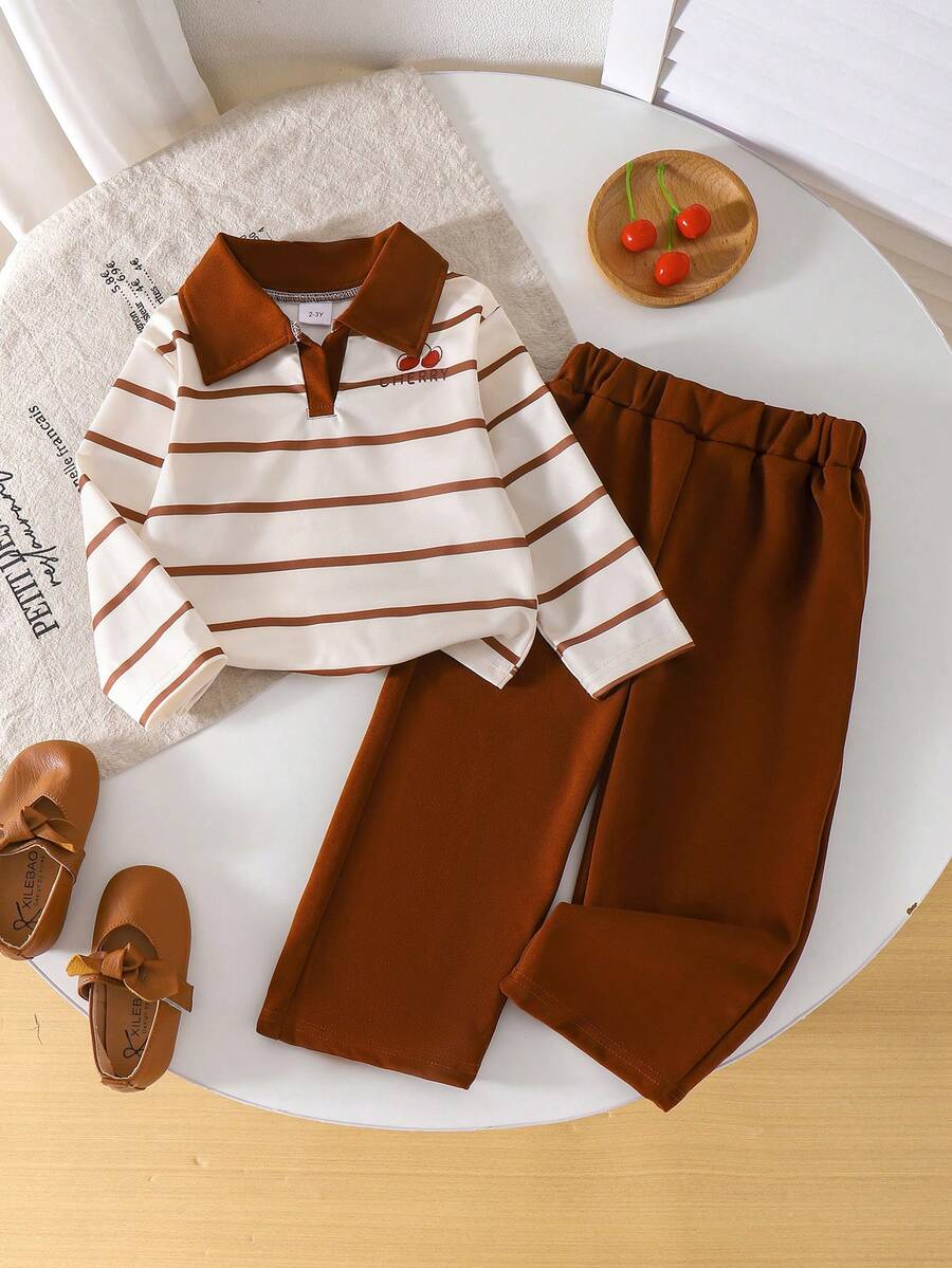 2pcs/Set Girls Toddler Casual Minimalist Striped Cherry Print Lapel Long Sleeve Top And Casual Long Pants Set, Spring/Autumn - Brown - View 1