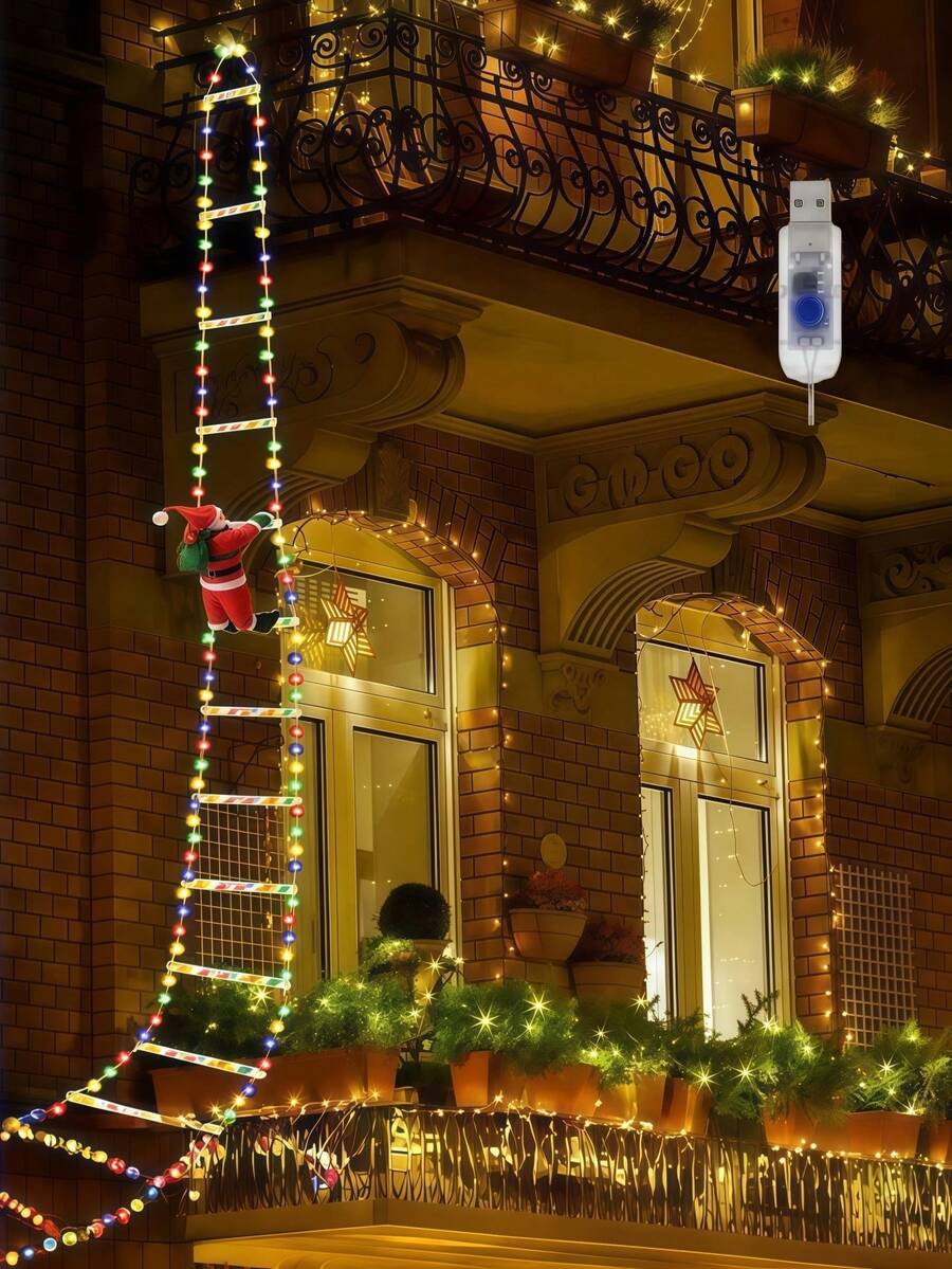 59.06IN Christmas Ladder Light, USB Powered LED Christmas Candy Ladder Light, Decorative Ladder Light, USB Powered, Suitable For Home, Porch, Window, Wall, Christmas Tree Outdoor Indoor Decoration, Christmas Holiday String Lights Pendant, Santa Claus Climbing Ladder Light Decoration, Yard Lawn Holiday Decoration Atmosphere Light, Porch Hallway Landscape Light Wall Lamp
