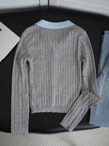 Women's Preppy Striped Collared Cable Knit Cardigan, Grey Slim Fit Short Length With Gold Buttons And Embroidered Badge, Soft Long Sleeve Sweater Top For Spring And Autumn - Gray - View 8