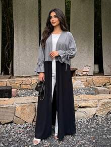 Hafizah Women's Colorblock Open Front Abaya With Drawstring Ruffle Sleeves Loose Fit Modest Maxi Dress Fall - Grey - View 6
