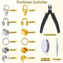 Bộ 1200 hạt bấm, dụng cụ làm trang sức DIY, dùng để làm trang sức, gồm hạt bấm, nắp, ống và bảo vệ dây, móc khóa tôm, vòng nhảy, kìm bấm và dây xâu hạt - Nhiều màu - Xem 6