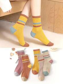 5 Pairs Random Style Women's Vintage Color Block Striped Mid-Calf Socks, Soft Comfortable Warm Casual Socks, Suitable For Autumn/Winter - Multicolor - View 5