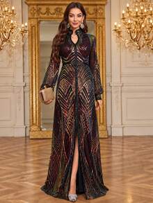Women's Long Sleeve Modest Dress With Small Notched Neck, Sequin Decoration And Arabian Robe Style (Non-Positioning Cut Flowers) Wedding Black Spring Party - Black - View 2