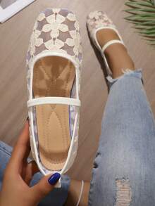 Square Toe Shallow Ballet Shoes With Hollowed Out Mesh Embroidery Flat Sole, Breathable, Lightweight,Exquisite,Elegant,Comfortable For Daily Commuting - White - View 5