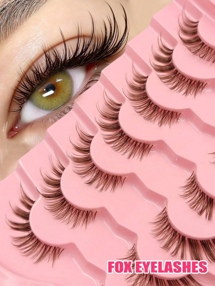 Asiteo 7 Pairs Fox Eye Lashes, Mocha Brown Fake Lashes,Wispy Soft And Comfortable Faux Mink Lashes,With Clear Band,Eye Tail Elongation Lashes,Suitable For Beginners,Party,Travel,Halloween,Gift - Brown - View 1