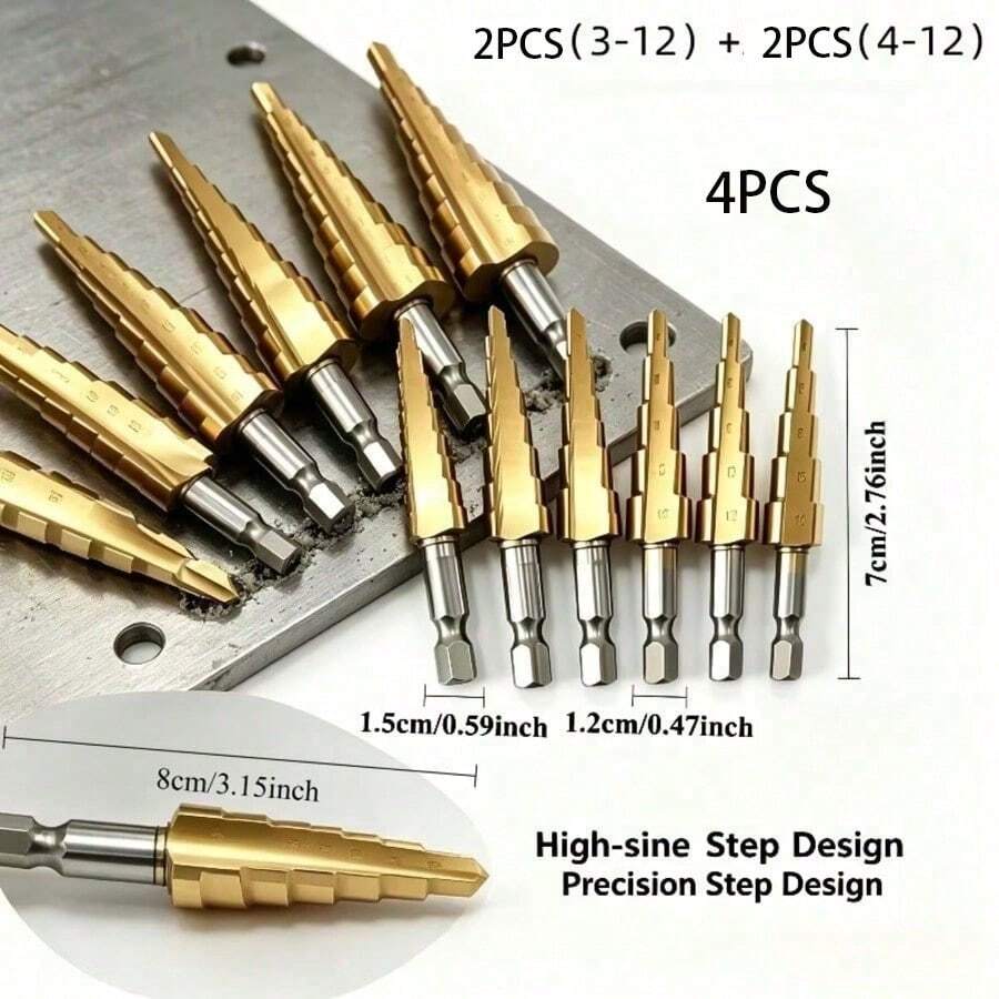 4pcs Complete Multi-Size Step Drill Bit Set, Tapered Drill Bits For Drilling And Reaming, Suitable For Metal, Wood, PVC And Acrylic, Widely Used For Home Maintenance, Crafting And Various Small Processing Projects - 4pcs - View 1