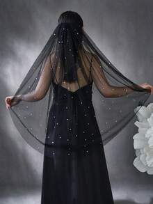 1 Piece Fingertip Length Black Bridal Veil, Single Layer Soft Drape Tulle With Sparkly Rhinestones, Wedding Veil With Hair Comb - Black - View 1
