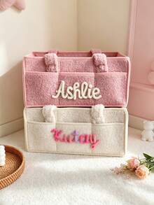 Personalized Baby Diaper Storage Box, Customized Embroidered Name, Baby Nursery Storage Basket With Side Pockets, Personalized Plush Baby Storage Basket, Baby Nursery Organizer Box - Multicolor - View 1