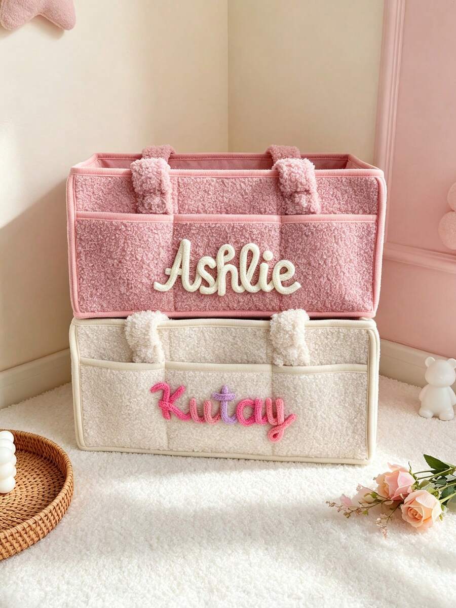 Personalized Baby Diaper Storage Box, Customized Embroidered Name, Baby Nursery Storage Basket With Side Pockets, Personalized Plush Baby Storage Basket, Baby Nursery Organizer Box - Multicolor - View 1