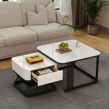 Nesting Coffee Table Set Of 2, Modern Marble Effect Coffee Tables With Storage Drawer, Extendable Side End Table With Metal Frame For Living Room - White - View 3