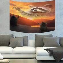 1pc Raccoon Sunset Mountain Landscape Print Tapestry, Polyester Fiber Wall Hanging, Bedroom, Living Room, Dorm, Home Decor - Multicolor - View 6