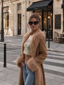 Street Romantic Women's Faux Fur Long Pile Mid-Length Coat, With Collar And Long Regular Sleeves, Essential Autumn/Winter Outdoor Faux Fur Jacket - Camel - View 7