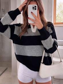 Just Masa Women's Autumn Casual Colorblock Polo Collar Pullover Sweater, Long Sleeve Loose Minimalist Basic Ribbed Knit Top, Suitable For Daily Wear, Outings, Campus - Black and Gray Stripes - View 6