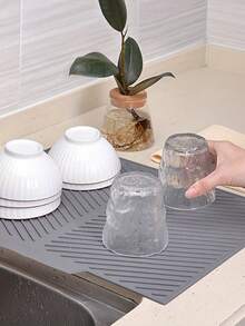 1pc Silicone Dish Drying Mat - Foldable Heat-Resistant Multi-Purpose Kitchen Drainer Mat, For Dishes And Utensils - Dark Grey - View 6