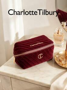 Charlotte Tilbury 酒紅色天鵝絨絎縫化妝包 M 號 18*8*9cm，便攜拉鍊式化妝收納袋，旅行化妝收納包，適用於口紅、化妝刷與化妝品 - 酒紅色 - 查看 3