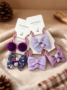 10-Piece Set Of Little Girl's Bow Hair Ties, Checkered Flower Pom-Pom Elastic Headbands, Suitable For Children's Everyday Hairstyles. - Multicolor - View 10
