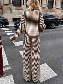 Women's Casual Striped Colorblock Long Sleeve Top & Pants 2 Pieces Set - Coffee and White - View 2