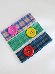 3pcs Vintage Colorful Plaid Wide Headband With Large 3D Button Design, Elastic Fabric Hairband, Sweet & Cool Girl Fashion Versatile Hair Accessory - Multicolor - View 8