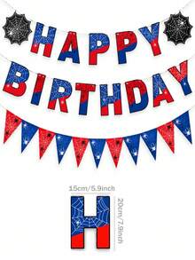 1 Set Spider Web Hero Happy Birthday Banner, Red & Blue Spider Web Print Letter Flags With Spider Web Hollow Cutout Paper And Triangle Bunting, Insect Web Superhero Theme Birthday Party Supplies, Indoor Window Photo Booth Backdrop Decoration - View 2
