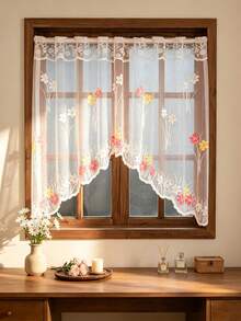 1pc Coffee Curtain Embroidered Tulip Floral Semi-Sheer Lace Layered Window Curtain, Suitable For Kitchen Window, Small Window Decor Valance, Bathroom And Cafe, Farmhouse Country Style Rod Pocket Short Curtain - Multiple Styles - View 14