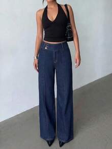 Women's Elegant Casual Dark Wash Straight Leg Jeans, Slightly Stretchy Vintage Long Pants, - Dark Wash - View 2