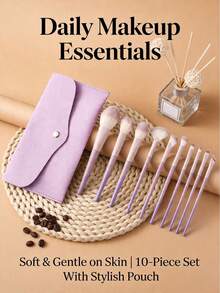 10pcs Professional Makeup Brush Set With 1 Purple Envelope Pouch, Travel Essential For Foundation, Blush, Concealer And Eyeshadow. Blush, Liquid Lipstick, Lipstick, Concealer, Makeup Brush, Foundation, Primer, Brand Makeup, Brush Head Made Of Polyester Fiber, Handle Made Of ABS Plastic, Suitable For Beginners And Professionals, Essential Tool For Makeup Artists. - Lilac Purple - View 10