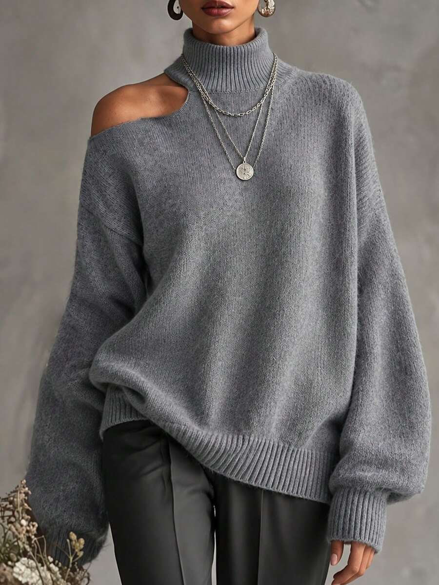 Plus Size Women's Fuzzy Knit Turtleneck Pullover Sweater, Asymmetrical Cold Shoulder Drop Shoulder Design, Autumn/Winter Essential - Grey - View 1