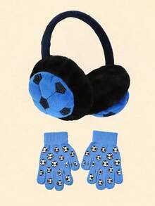 2pcs/Set Kids Football Shaped Plush Ear Muffs And Gloves Set, Warm Ear Protection Knitted Gloves, Suitable For Winter And Outdoor Use - Multicolor - View 11