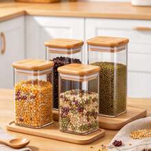 2/4/8/10/12pcs 9.5oz Square Glass Storage Jars With Bamboo Lids, Airtight Moisture-Proof Food Canisters, Christmas Storage Containers For Candy, Cookies & Dry Fruits, Kitchen Pantry Organizer - View 1