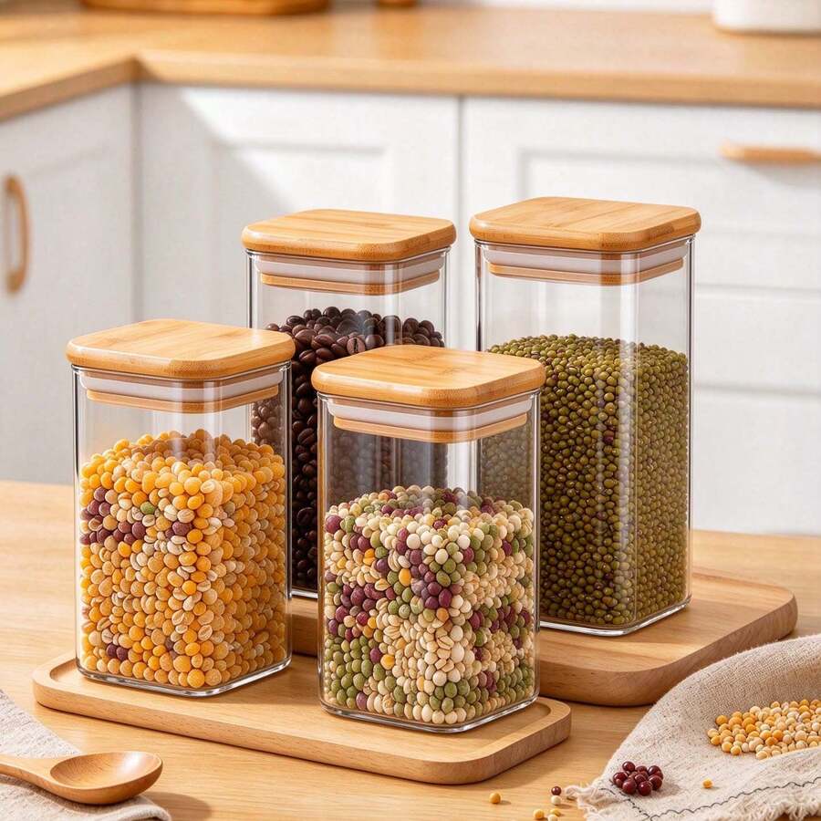 2/4/8/10/12pcs 9.5oz Square Glass Storage Jars With Bamboo Lids, Airtight Moisture-Proof Food Canisters, Christmas Storage Containers For Candy, Cookies & Dry Fruits, Kitchen Pantry Organizer - View 1