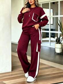 Spring/Autumn Casual Women's Fashion Commute Set, Comfortable Loose Long Sleeve Top + Straight Leg Pants 2 Pieces Set, Versatile Contrast Color Top With High Waist Drawstring Loose Straight Leg Pants 2 Pieces Set - Burgundy - View 1