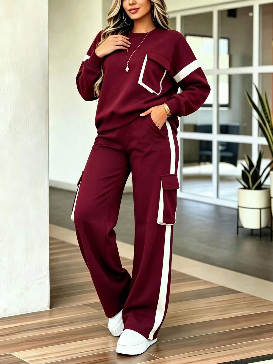 Spring/Autumn Casual Women's Fashion Commute Set, Comfortable Loose Long Sleeve Top + Straight Leg Pants 2 Pieces Set, Versatile Contrast Color Top With High Waist Drawstring Loose Straight Leg Pants 2 Pieces Set - Burgundy - View 1