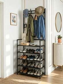 Freestanding Coat Rack With Storage Shelves, Equipped With 8 Hooks, Suitable For Entryways, Bedrooms, Wardrobes And Other Spaces, Featuring 5 Tiers Of Storage Compartments And Available In Multiple Colors - Multicolor - View 9