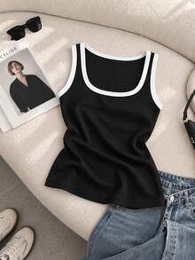 Women's Minimalist Contrast Trim Ribbed Knit Tank Top, Round Neck Slim Fit Skin-Friendly Sleeveless Casual Basic Top, Summer Daily Vacation Layering Top - Black - View 12