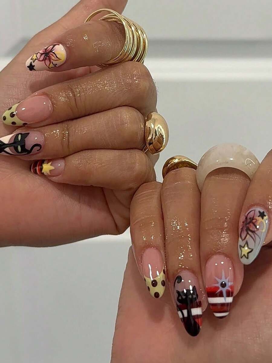 24pcs Autumn Thanksgiving Press-On Nails, Medium Almond Shape, Nude Pink Base, Hand-Painted Black Cat, Stars, Flowers, Polka Dots & Stripes Design, Reusable Fake Nails - Multicolor - View 1