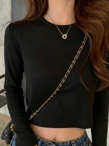 Black Round Neck Long Sleeve T-Shirt Women's Autumn New Slim Fit Short Length Elastic Base Layer Versatile All-Match Top - Black - View 1