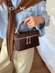 Low Tea 1pc Solid Color PU Fabric Handbag, Women's Fashion Mini Box-Shaped Handbag, Top Single Handle Design, All-Over Stone Texture Pattern, Zipper Closure, Suitable For Travel, Shopping, Dating, Women's Gift, Perfect For Commuting, Outdoor, Travel, Outing - Coffee - View 8