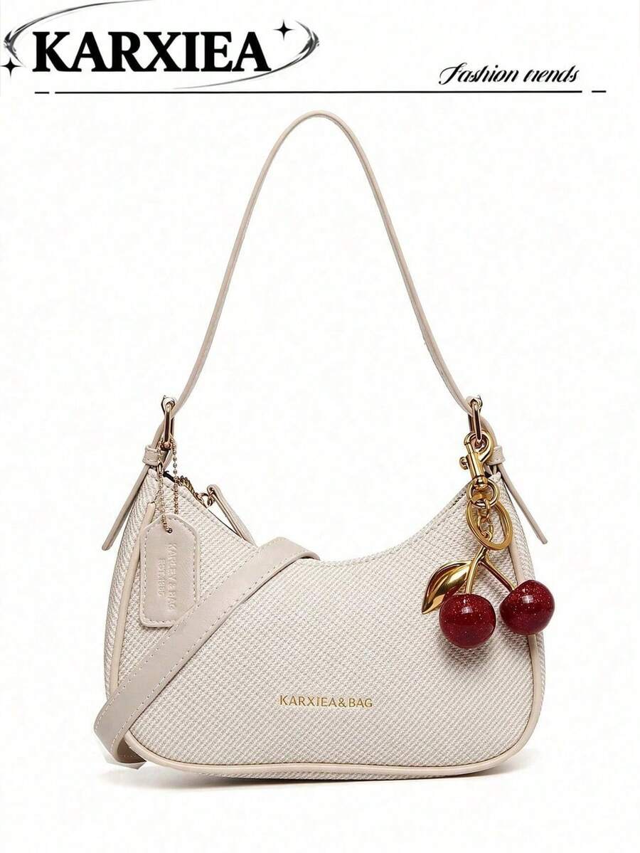 New Fashion Versatile Letter Pattern Decor Design Solid Color PU Fabric Shoulder Bag Moon Bag, Suitable For Shopping, Y2K Shoulder Underarm Bag, Hot Girl Bag - Beige - View 1