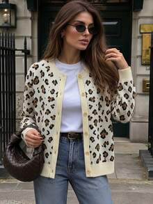 BYGOUBY Women's Autumn/Winter Leopard Print Front Button Long Sleeve Knit Cardigan, Casual Round Neck Drop Shoulder Sweater Jacket - Apricot - View 3