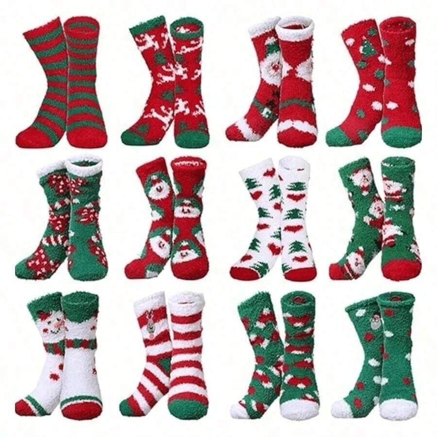 6 Pairs Christmas Socks, Fluffy And Fun, Warm And Elastic For Winter, Novel And Colorful, Unisex Holiday Crew Socks[1/3/6 Pairs Random Style] - Multicolor - View 1
